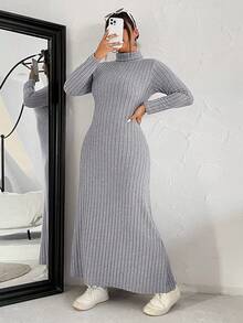 SHEIN EZwear 大码纯色休闲连衣裙，秋冬款 - 灰色 - 查看 5