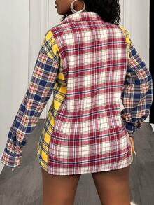 BamGleam Camisa casual de mujer a cuadros con bloques de color, otoño