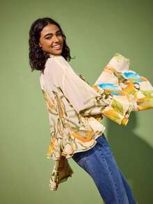 Felipe Marques Floral Print Casual Elegant Dignified Sexy Bohemian Country Style Chiffon Blouse, Suitable For Daily Wear, Travel, Vacation, Date, Party, Christmas, Valentine's Day - Multicolor - View 5