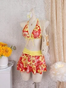 Bellisia Bộ bikini 3 mảnh họa tiết hoa cho lễ hội âm nhạc bãi biển mùa hè dành cho nữ - Nhiều màu - Xem 5