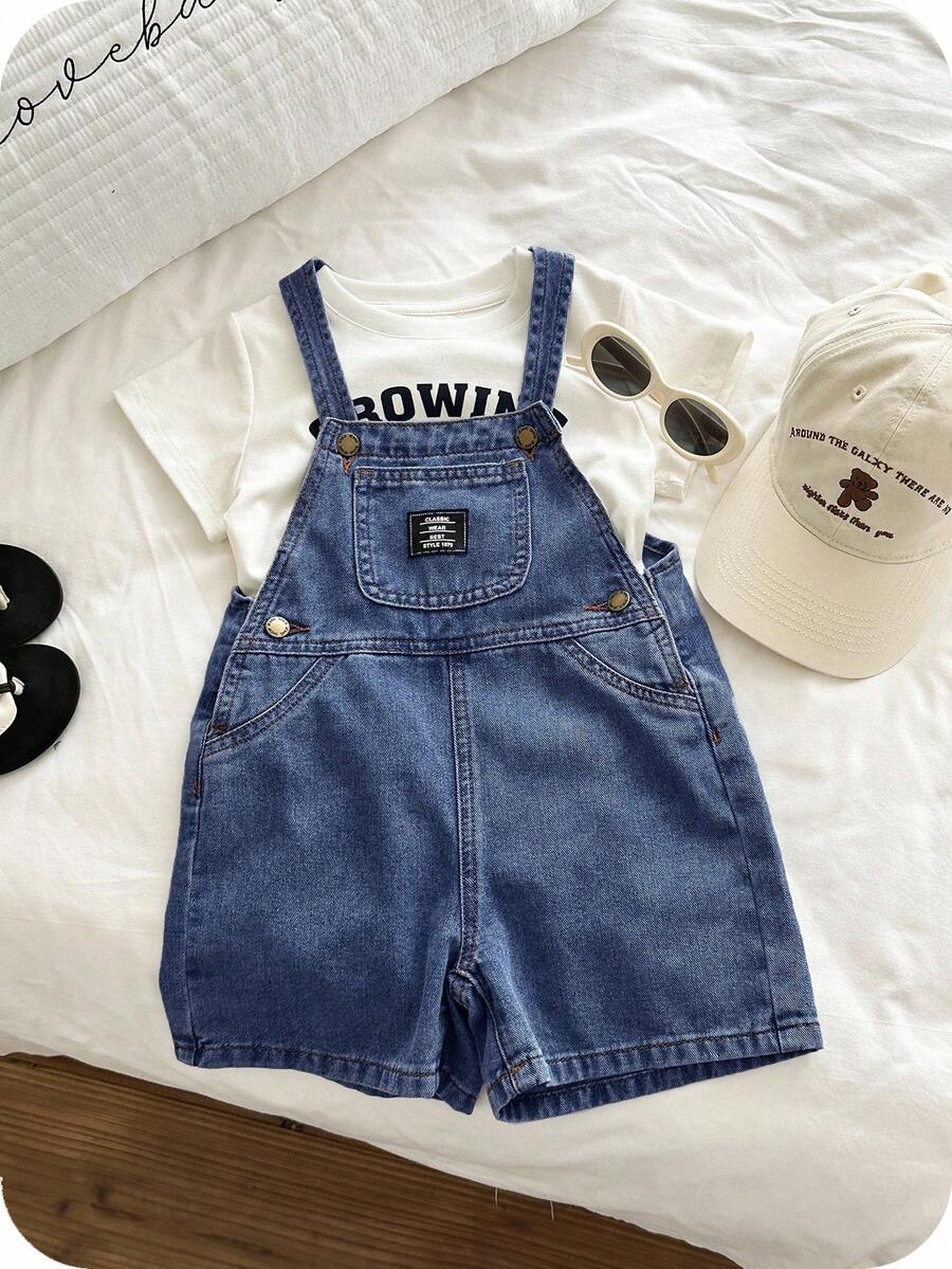 SHEIN Young BoyFitted Blue Denim Bib Shorts - Dark Wash - View 1