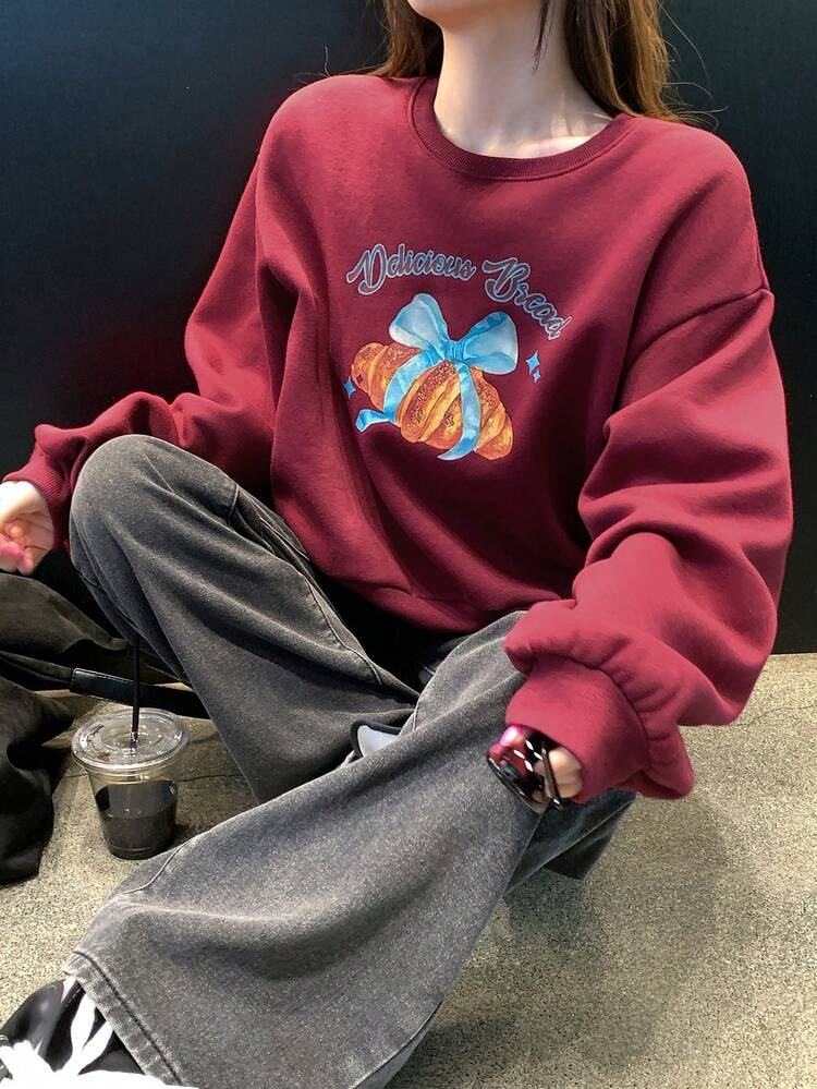 Women's Letter & Bow Print Crew Neck Long Sleeve Pullover Sweatshirt