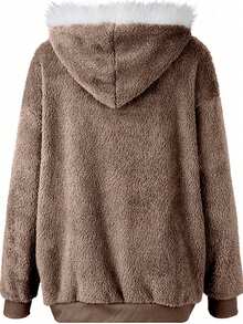 INAWLY 新款宽松毛绒拉链连帽大码女式夹克，秋冬季 - 卡其色 - 查看 2