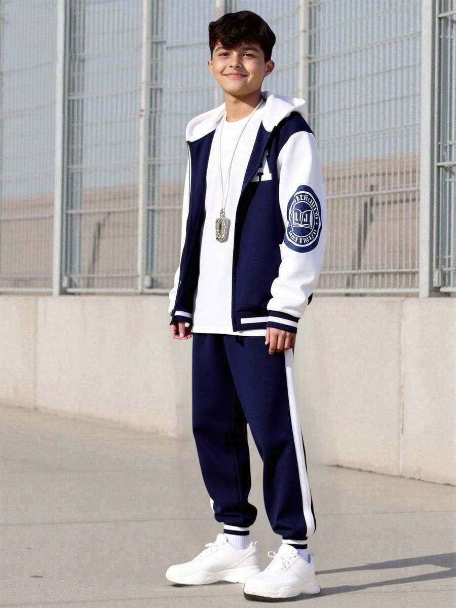 SHEIN Vacaura Teen Boy American Collegiate Style Letter Graphic Hooded Sweatshirt & Patchwork Long Pants Set Chic Outfits For Autumn/Winter