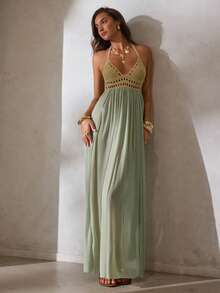 Aloruh Vestido elegante y sexy con escote en V profundo, hecho de ganchillo y parches de malla, para mujer. Ideal para vacaciones, atuendo de playa y vestidos de verano en color verde salvia para mujer. - Caqui - Ver 4