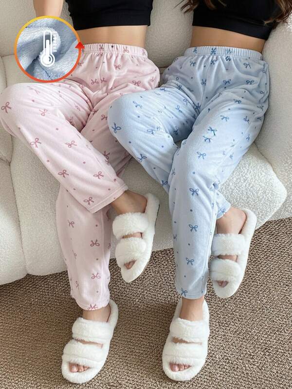 Pantalones de pijama casuales y suaves con lazo de felpa para adolescentes, y pantalones largos de franela elegantes y cómodos con estampado de dibujos animados