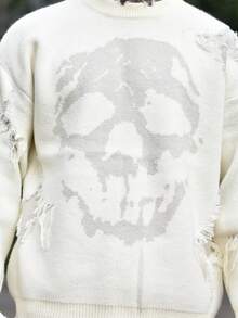 Devon Thys ANDREILEE Men Skull Print Distressed Fringed Crew Neck Casual Sweater, Emo, For Fall Winter - Apricot - View 3