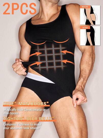 Manfinity Underwear&Sleepwear Basics 2pcs Plus Size Men's Slimming Compression Undershirt, Shapewear Vest For Sports And Fitness