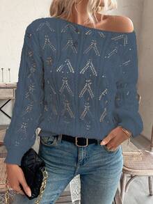 SHEIN LUNE Vacation Style Casual Hollow Floral Pattern Off-Shoulder Loose Pullover Sweater - Navy Blue - View 5