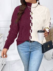 EMERY ROSE Plus Size Women High Neck Color Block Long Sleeve Casual Commuter Sweater, Autumn/Winter - Redwood - View 6