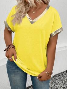 EMERY ROSE 女士休闲V领短袖拼接金色饰边涂层面料加大码T恤 - 黃色 - 查看 6