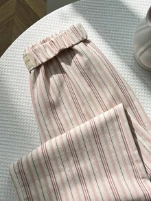 Elamini 女士条纹休闲宽松设计裤，日常穿着，学院风 - 粉色 - 查看 3