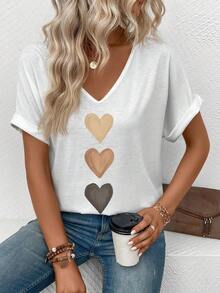EMERY ROSE Damska koszulka z dekoltem w serek i mankietami, nadruk w kształcie serca w odcieniu ombre, uniwersalna, na co dzień, wiosna/lato - Biały - Zobacz 5