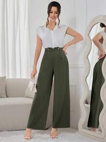 Modelyn Women's Fashionable Versatile Solid Color Wide Leg Pants - Army Green - View 7