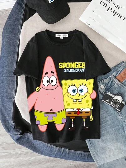 SpongeBob SquarePants | SHEIN Tween Boy Casual Cartoon Graphic Short Sleeve T-Shirt, Suitable For Summer
