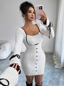 Modelyn 女士蝴蝶结优雅短款连衣裙，秋冬 - 白色 - 查看 4