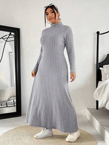 SHEIN EZwear 大码纯色休闲连衣裙，秋冬款 - 灰色 - 查看 4