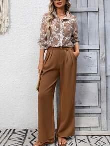 EMERY ROSE Women's Floral Print Long Sleeve Shirt And Pleated Wide Leg Pants Casual 2-Piece Set - Coffee Brown - View 1
