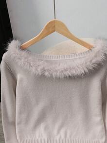 Franclia 女士秋冬时尚拼接仿毛领修身长袖毛衣 - 卡其色 - 查看 4