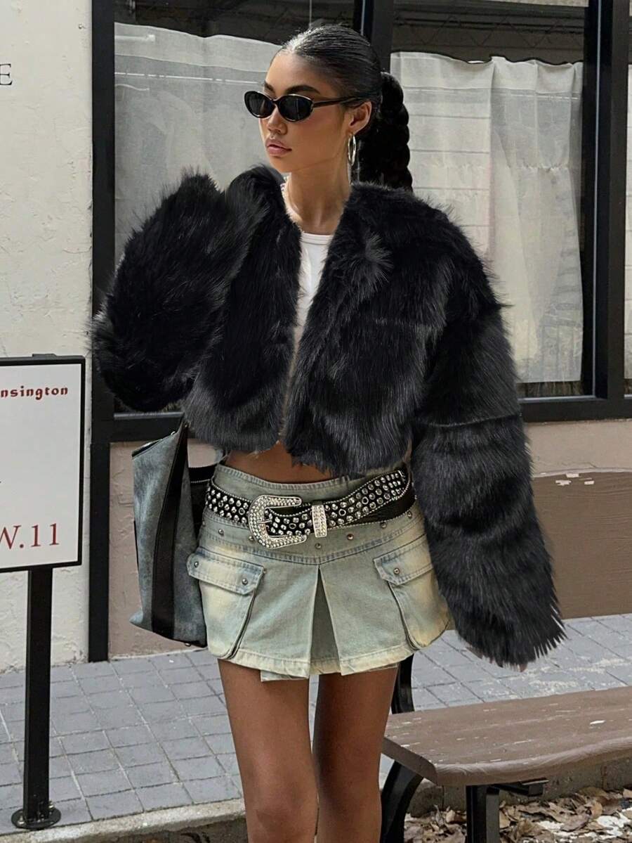 SHEIN EZwear 女士秋冬米色蓬松短外套 - 黑色 - 查看 1