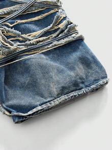 ROMWE MEN Street Life Men's Distressed Denim 3/4 Length Blue Shorts - Blue - View 5