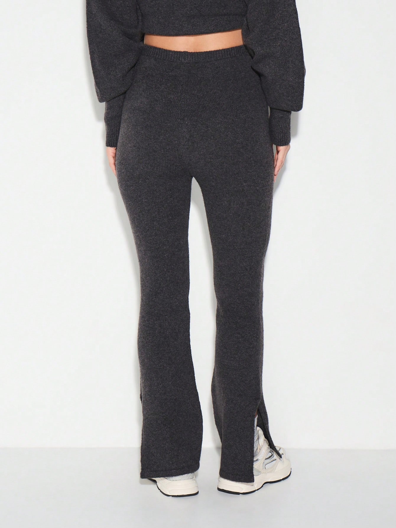 KIZN Ribbed Knit Flare Pants With Split Hem