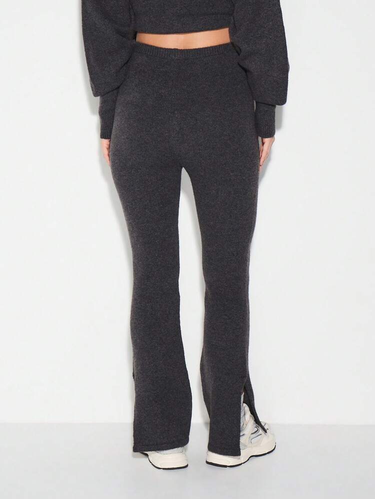KIZN Ribbed Knit Flare Pants With Split Hem