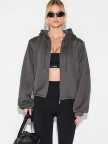 KIZN 宽松连帽卫衣，正面拉链设计，中间设有口袋，适合秋冬季街头穿着，舒适百搭。 - 灰色 - 查看 1