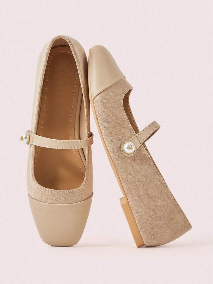 CUCCOO DOLLMOD Women's Fashion Apricot Round Toe Faux Pearl Decor Ankle Strap Ballet Flats, Comfortable For Commuting, Party, Shopping, Vacation Spring Shoes