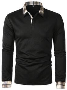 Manfinity Mode 男士长袖纹理面料拼接格子图案 Polo 衫，适合秋冬季休闲穿着和户外搭配 - 黑色 - 查看 4