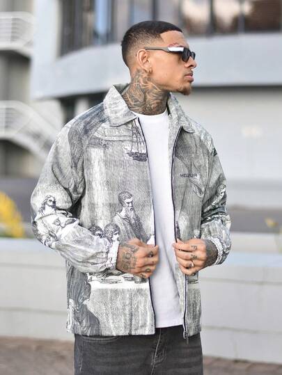 Devon Thys Jachetă sport Rave pentru bărbați, cu mânecă lungă, cu rever și imprimeu figurativ, pentru toamnă