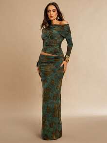 Silquee Váy chữ H cạp cao họa tiết hoa nhung xanh lá cây thời trang thu đông thanh lịch gợi cảm dành cho nữ - màu xanh lá - Xem 6