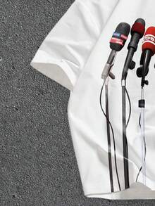 Manfinity ZONE917 High Quality Loose Street Style Microphone Print Black Short Sleeve T-Shirt