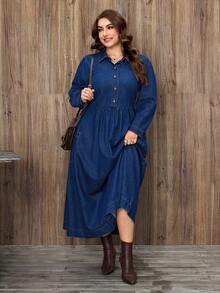 EMERY ROSE Plus Size Women Casual Elegant Washed Denim Dress - Dark Wash - View 3