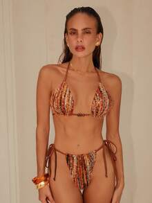 Swim Chiccia 女士泳衣两件套，性感优雅浪漫针织亮片挂脖系带泳装，女士度假装，女士精致优雅沙滩泳装套装 - 棕色 - 查看 5