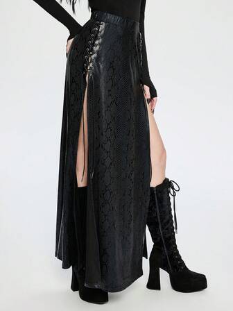 Breakform Women's Gothic Style Sexy Crocodile Embossed Knit Patchwork Decorative Leather Eyelet Lace-Up High Slit Skirt