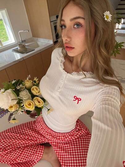 ZzzCrew 2 piezas Conjunto de pijama con top de manga larga de punto sexy y pantalones a cuadros, ropa de primavera/otoño, invierno