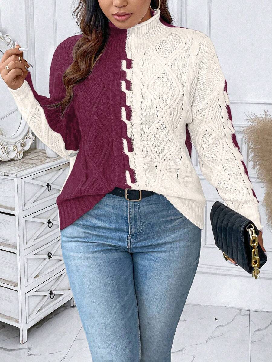 EMERY ROSE Plus Size Women High Neck Color Block Long Sleeve Casual Commuter Sweater, Autumn/Winter - Redwood - View 1