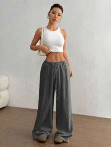 Flirla Quần ống đứng cotton cạp siêu thấp thường ngày cho nữ - Màu xám đen - Xem 5