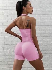 Easithlete 女式露背上衣和高腰短裤瑜伽健身套装 - 粉色 - 查看 2