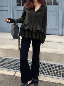 FRIFUL Women's Casual Solid Color Ruffle Hem Button Front T-Shirt, Autumn/Winter - Black - View 2