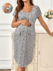 SHEIN Maternity Dress With Butterfly Print, Flap Pocket, Cap Sleeve, For Pregnancy & Postpartum Maternity Dress Summer Nursing Dresses For Women Breastfeeding Dress Maternity Clothes - Burgundy - View 6