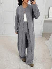 SHEIN EZwear Áo khoác cardigan dệt kim dài tay đơn hàng khuy đơn, dáng rộng, màu trơn, dáng rộng, dáng rộng, dáng dài thường ngày cho nữ, mùa thu/đông - Xám - Xem 4