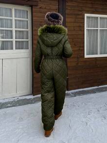 SHEIN EZwear 白色毛绒帽和加厚连体衣，适合秋冬季雪地玩耍。 - 軍綠色 - 查看 2