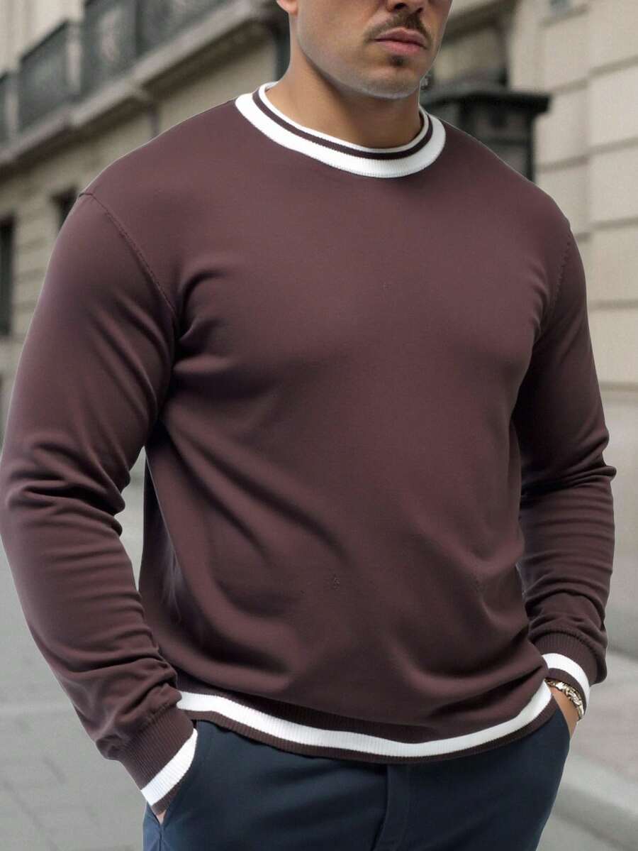 Manfinity Homme Pull col rond manches longues casual grande taille pour hommes, automne/hiver - Marron - Voir 1