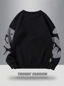 Manfinity EMRG Plus Size Men's Casual Daily Letter Pattern Loose Fit Sweater, Autumn/Winter - Black - View 2