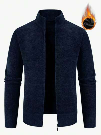 Manfinity Mode كارديجان أزرق داكن بأكمام طويلة وياقة عالية مبطن حراريًا، كنزة صوفية كاجوال بلون أزرق داكن مبطنة حراريًا للرجال