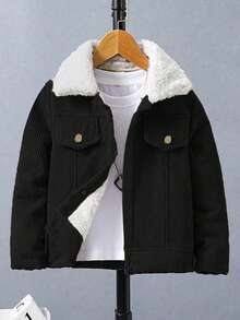 SHEIN Vacaura Áo khoác nỉ nhung cổ bẻ phong cách retro cho bé trai tuổi teen, thích hợp cho các buổi đi chơi mùa thu/đông ở trường - màu đen - Xem 4