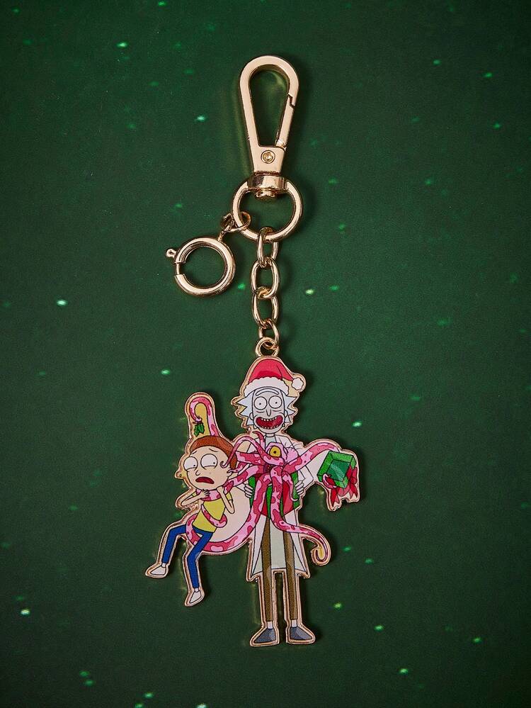 Rick and Morty X SHEIN 热销锌合金滴油卡通圣诞系列钥匙扣，奢华小众情侣休闲款，也适合包包装饰，适合各种派对、音乐会、节日等场合。 - 金色 - 查看 2