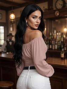 Blusa Campesina Ajustada de Manga Larga con Hombros Descubiertos y Detalle Cruzado Sensual para Mujer - Rosa Pálido - Ver 3